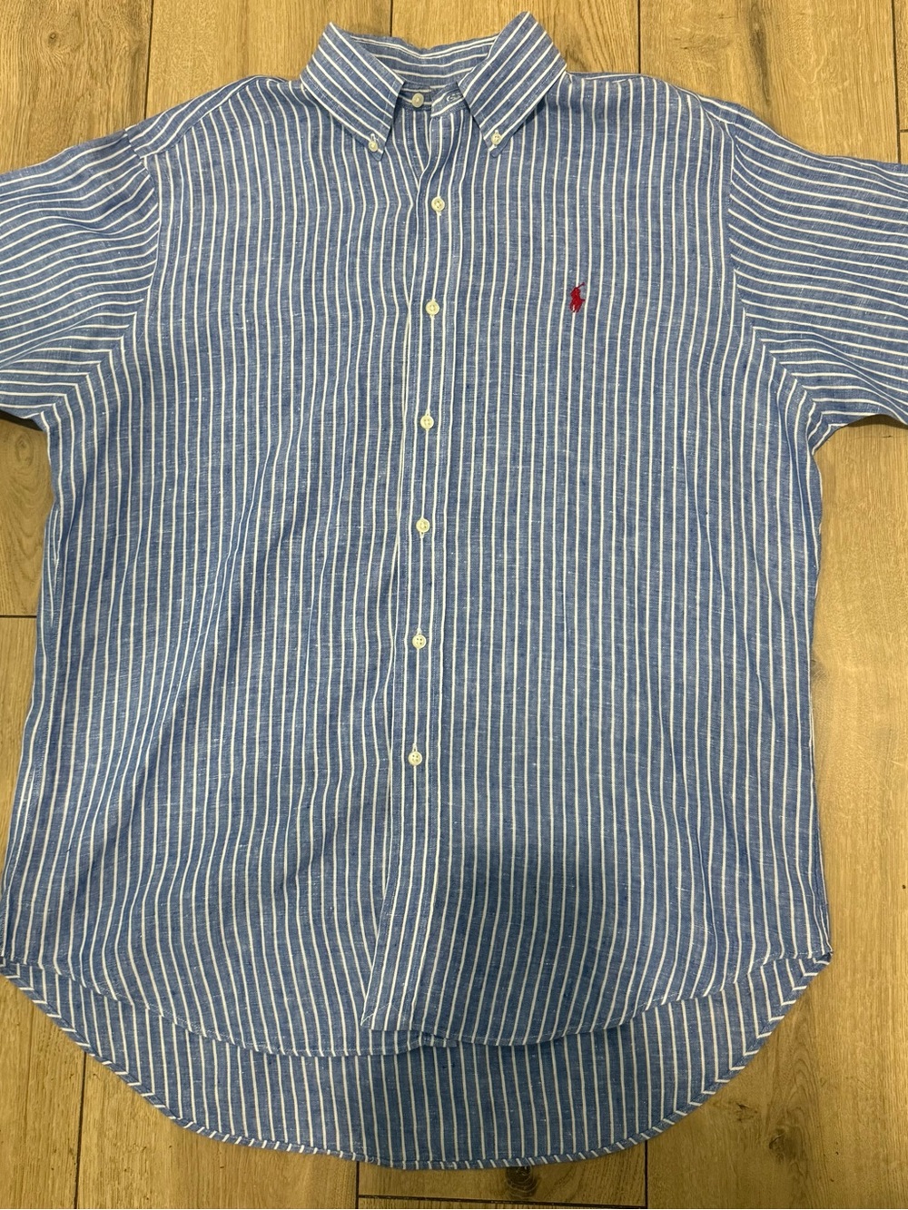 Ralph Lauren Blue and White Striped Button-Down Shirt with Red Pony